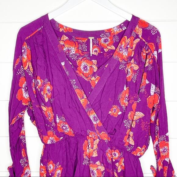 Free People Tuscan Dreams Floral Print Tie Sleeve Tunic Plum Orange XS - Picture 3 of 11